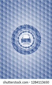 printer icon inside blue emblem with geometric pattern.