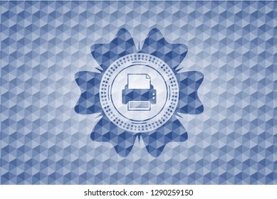 printer icon inside blue emblem or badge with abstract geometric pattern background.