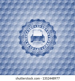 printer icon inside blue emblem or badge with abstract geometric pattern background.