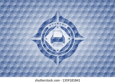 printer icon inside blue emblem or badge with abstract geometric polygonal pattern background.