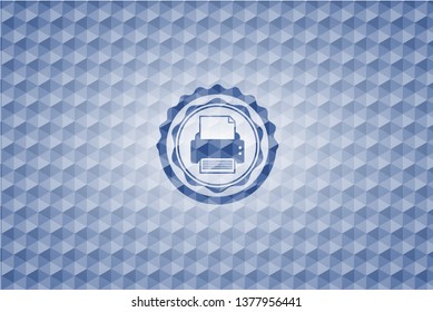printer icon inside blue emblem or badge with abstract geometric polygonal pattern background.