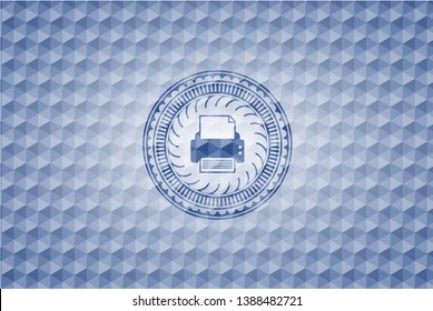 printer icon inside blue emblem or badge with abstract geometric pattern background.