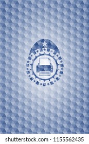 printer icon inside blue polygonal emblem.