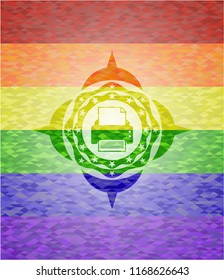 printer icon inside emblem on mosaic background with the colors of the LGBT flag