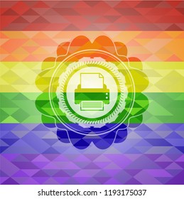 printer icon inside emblem on mosaic background with the colors of the LGBT flag