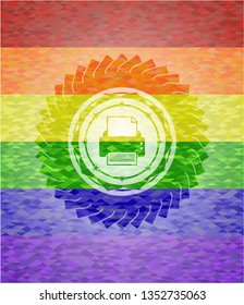 printer icon inside emblem on mosaic background with the colors of the LGBT flag