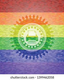 printer icon inside emblem on mosaic background with the colors of the LGBT flag