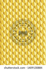 printer icon inside gold emblem or badge. Scales pattern. Vector Illustration. Detailed.