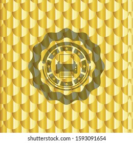 printer icon inside gold shiny badge. Scales pattern. Vector Illustration. Detailed.