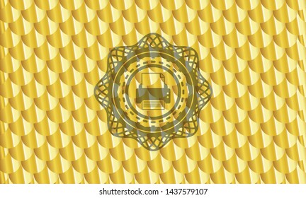 printer icon inside golden badge. Scales pattern. Vector Illustration. Detailed.