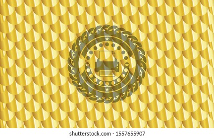 printer icon inside golden emblem. Scales pattern. Vector Illustration. Detailed.