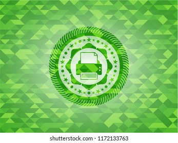 printer icon inside green emblem. Mosaic background