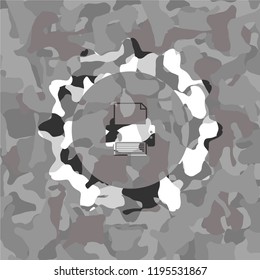 printer icon inside grey camouflage emblem