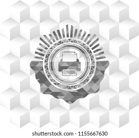 printer icon inside grey emblem with geometric cube white background