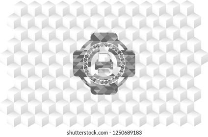printer icon inside grey icon or emblem with geometric cube white background
