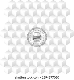 printer icon inside grey emblem with cube white background