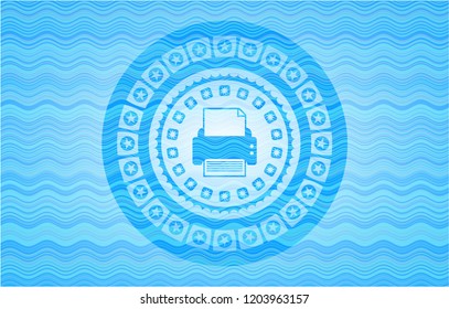 printer icon inside light blue water wave style emblem.
