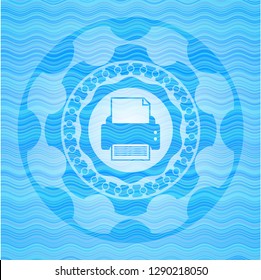 printer icon inside light blue water wave emblem.