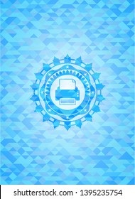 printer icon inside light blue emblem with triangle mosaic background