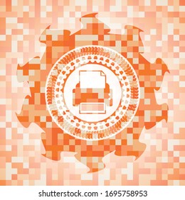printer icon inside orange tile background illustration. Square geometric mosaic seamless pattern with emblem inside.
