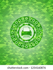 printer icon inside realistic green emblem. Mosaic background