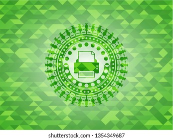 printer icon inside realistic green emblem. Mosaic background