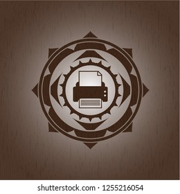 printer icon inside realistic wood emblem