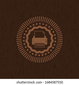icono de impresora dentro de un emblema de madera realista