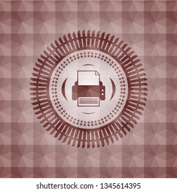 printer icon inside red emblem or badge with abstract geometric pattern background. Seamless.