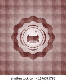 printer icon inside red seamless emblem with geometric pattern background.