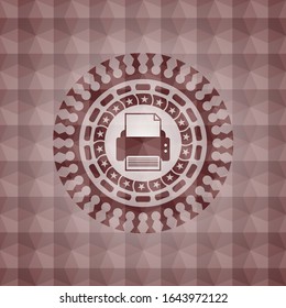 printer icon inside red seamless emblem or badge with geometric pattern background.