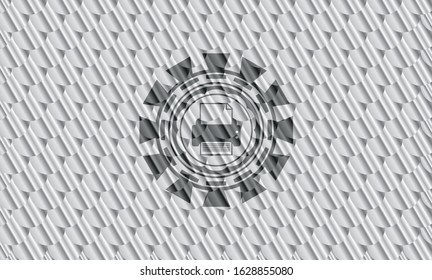 printer icon inside shiny silver badge. Scales pattern. Vector Illustration. Detailed.