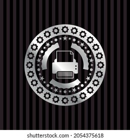printer icon inside silvery emblem. 