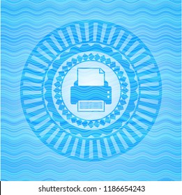 printer icon inside sky blue water badge background.