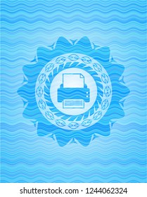 printer icon inside sky blue water wave style emblem.