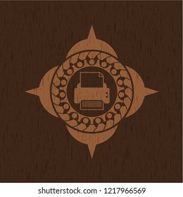  printer icon inside wooden emblem