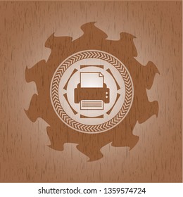 printer icon inside wooden emblem