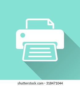 Printer  icon with long shadow on green background, flat design. Vector illustration.