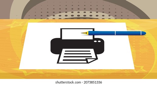 Printer icon on white paper with pen. Cartoon vector illustration. Print, Printing business concept.