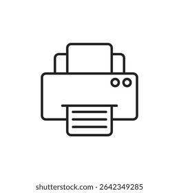 Ícone de impressora com saída de papel representando impressão, equipamento de escritório, manuseio de documentos e hardware.
