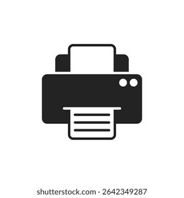 Ícone de impressora com saída de papel representando impressão, equipamento de escritório, manuseio de documentos e hardware.