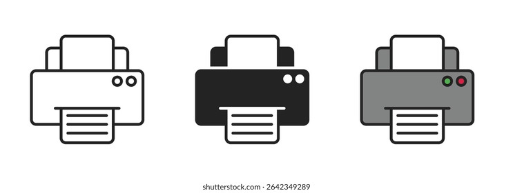 Ícone de impressora com saída de papel representando impressão, equipamento de escritório, manuseio de documentos e hardware.