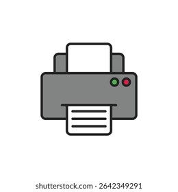 Ícone de impressora com saída de papel representando impressão, equipamento de escritório, manuseio de documentos e hardware.
