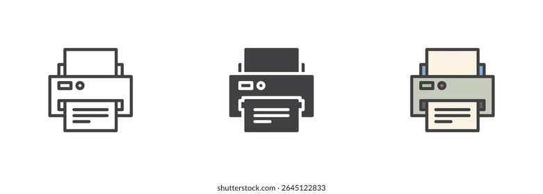 Ícone da impressora com folha de papel em três estilos: linha, contorno colorido preenchido e glifo sólido. Ideal para escritório, impressão ou digitalizar símbolo. Ilustração de ícone de vetor.