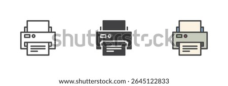 Printer icon with paper sheet in three styles: line, colorful filled outline and solid glyph. Ideal for office, printing or scan symbol. Vector icon illustration.