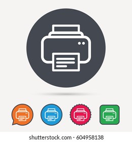 Printer icon. Print documents technology symbol. Circle, speech bubble and star buttons. Flat web icons. Vector