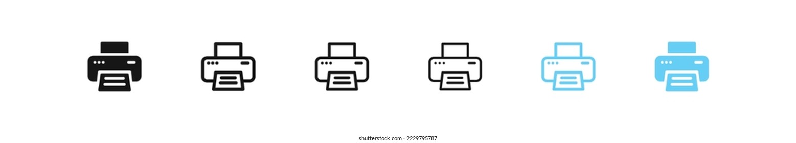 Printer icon. Print sign. Printout symbol. Paper in the office icons. Blue and black color. Vector isolated sign.