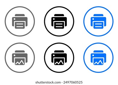 Printer icon. Printout symbol. Fax machine sign. Paper press pictogram. Grey, blue and black button.