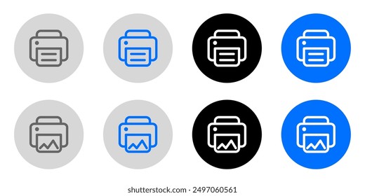 Printer icon. Printout symbol. Paper press pictogram. Grey, blue and black button.