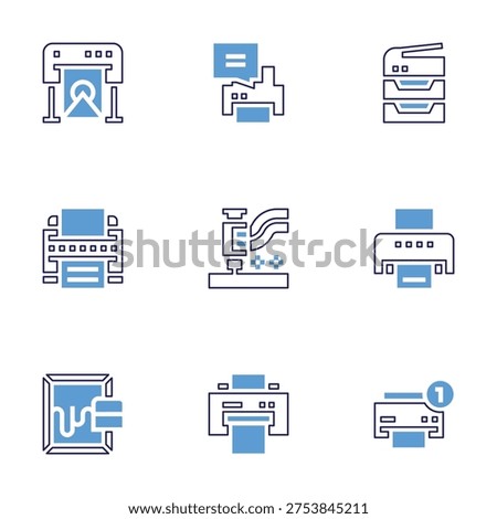 Printer icon set. Bold line style. Duotone colors. Editable stroke. printer, 3d printer, serigraphy, photocopier.